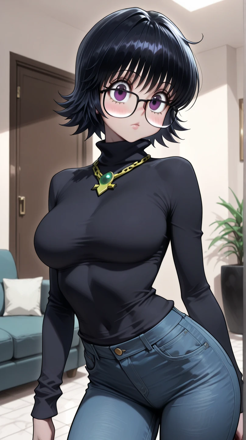 1girl, solo, <lora:Shizuku_Murasaki:0.8>, shizuku_murasaki, glasses, crimson eyes, blue jeans, black sweater, vacuum cleaner, outdoors, <lora:add_detail:0.7>,