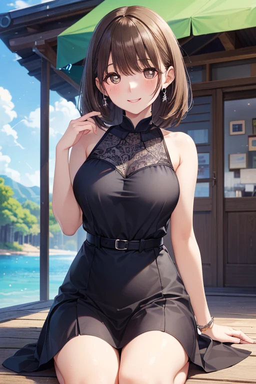(Highest quality, High resolution, Masterpiece, 4K), (Soft light、Luster of hair、Beautiful eyes)、young woman、The whole body is visible、Adorable smile ((Wavy medium short hair, bangs, Chestnut Hair)), ((Wistful eyes、Gray Eyes, Perfect Eyes)), ((Detailed face, blush:1.1)), ((Smooth texture:0.75, Realistic texture:0.65, Realistic:1.1, Anime CG Style)),Medium chest、A body with just the right amount of flesh、(Sexy thighs、I see beautiful legs)、Sleeveless tops、Tight Skirt、Cute Necklace、Earrings、Angle from the front、Peeking into this、Composition from below