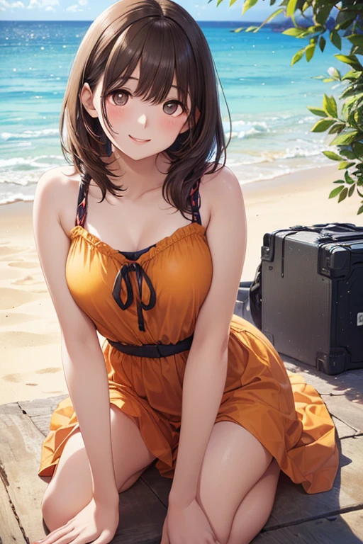Reddish brown hair Short Bob Brown eyes beautiful girl Yellow swimsuit blue sea White sand beach Light of the sun smile