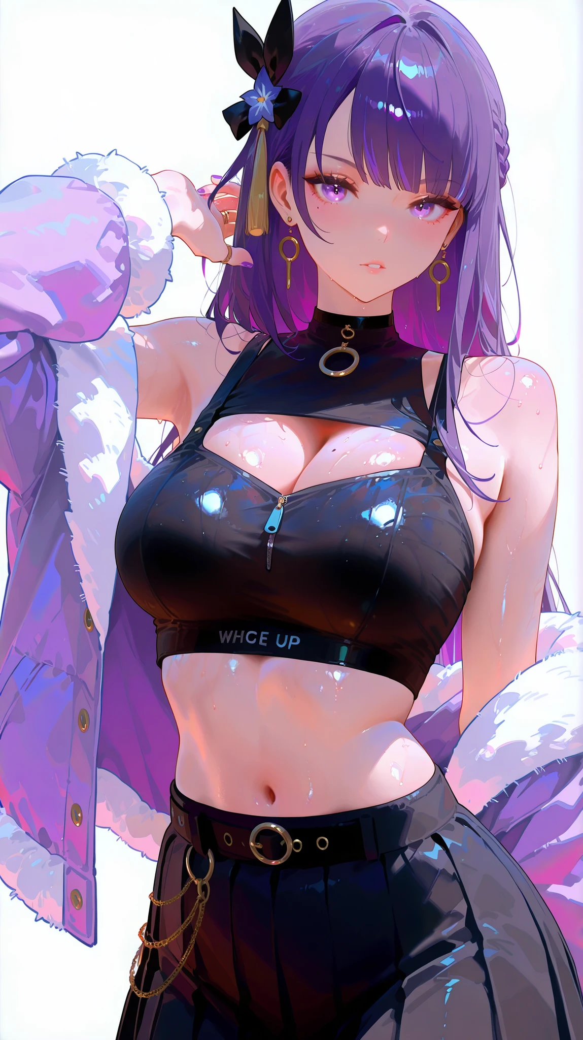masterpiece, top quality, best quality, official art, beautiful and aesthetic:1.2),(8k, best quality, masterpiece:1.2), (((masterpiece))),(((best quality))),(((extremely detailed))), illustration, who, (masterpiece, top quality, best quality, official art, beautiful and aesthetic:1.2),(8k, best quality, masterpiece:1.2), dreikoo style, raiden_shogun_ckxl, white background, 1girl, solo, skirt, ring, breasts, purple hair, purple eyes, cleavage, black skirt, navel, jewelry, looking at viewer, midriff, purple jacket, purple nails, hair bow, white background, alternate costume, bow, long hair, hair ornament, mole under eye, crop top, mole, simple background, jacket, black bow, blush, pleated skirt, off shoulder, choker, black shirt, shirt, multiple rings, bare shoulders, hand up, sleeveless shirt, earrings, long sleeves, nail polish, fur jacket, braid, cowboy shot, black choker, large breasts, stomach, open clothes