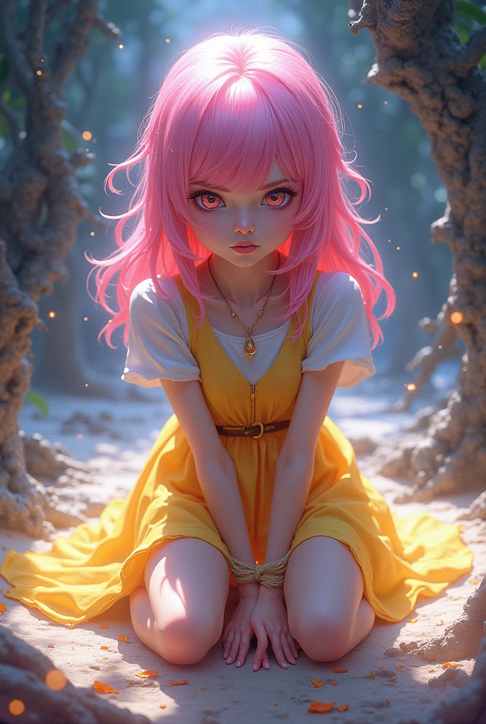 a little girl in a fairly shape sitting on jungle road with crown on head and pink color dress and yellow shoes and a belt around her waist ,8k --auto --s2