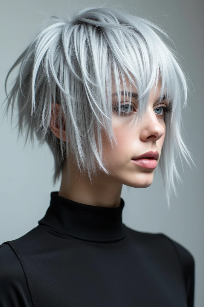 a young woman with vibrant silver hair, styled in a slightly messy, pixie cut with the top slightly longer and the sides and back 刈り上げ, Impressive eyeliner, The person’s expression should be calm and neutral, Her eyes are a striking green, and she has light freckles scattered across her face. The lighting should be warm, giving her skin a slightly glossy appearance. The background should be abstract with soft, warm tones and a few silver splatters to match her hair. She is wearing a black, punk fashion outfit with subtle silver accents. The overall mood should be modern, slightly ethereal, and eye-catching.