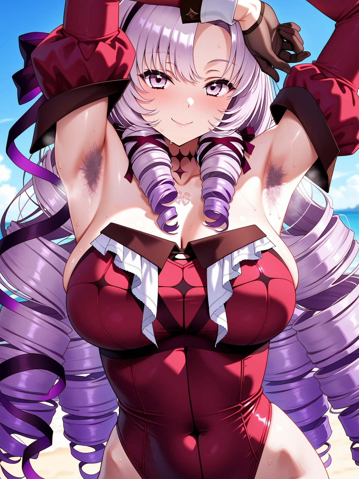 1 chica,big lips, white with bluish tips hair, pink eyes, cara japonesa Ahegao, improve, improve grin, two sides up, huge breasts, Wide hips, sexy, detailed, background of a beach, Hits, Ahegao, kawaii, bikini red, Lewd, GOOD,bikini red costume, bikini red, choker, bikini red, bikini red,navel piercing,ropa interior red,huge breasts,(((yamato one piece characteristics))),(cuerpo completo),(yamato one piece), (yamato character)