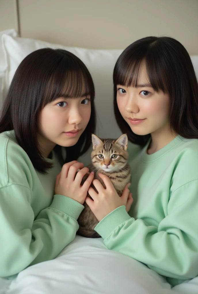 2girl, two Japanese idol girls holding cat, friendly, smile, girl's clothes, girl's room, view from above, close up, 8k, RAW, best quality, [:natural skin, detailed skin, (skindentation:0.3):0.5]