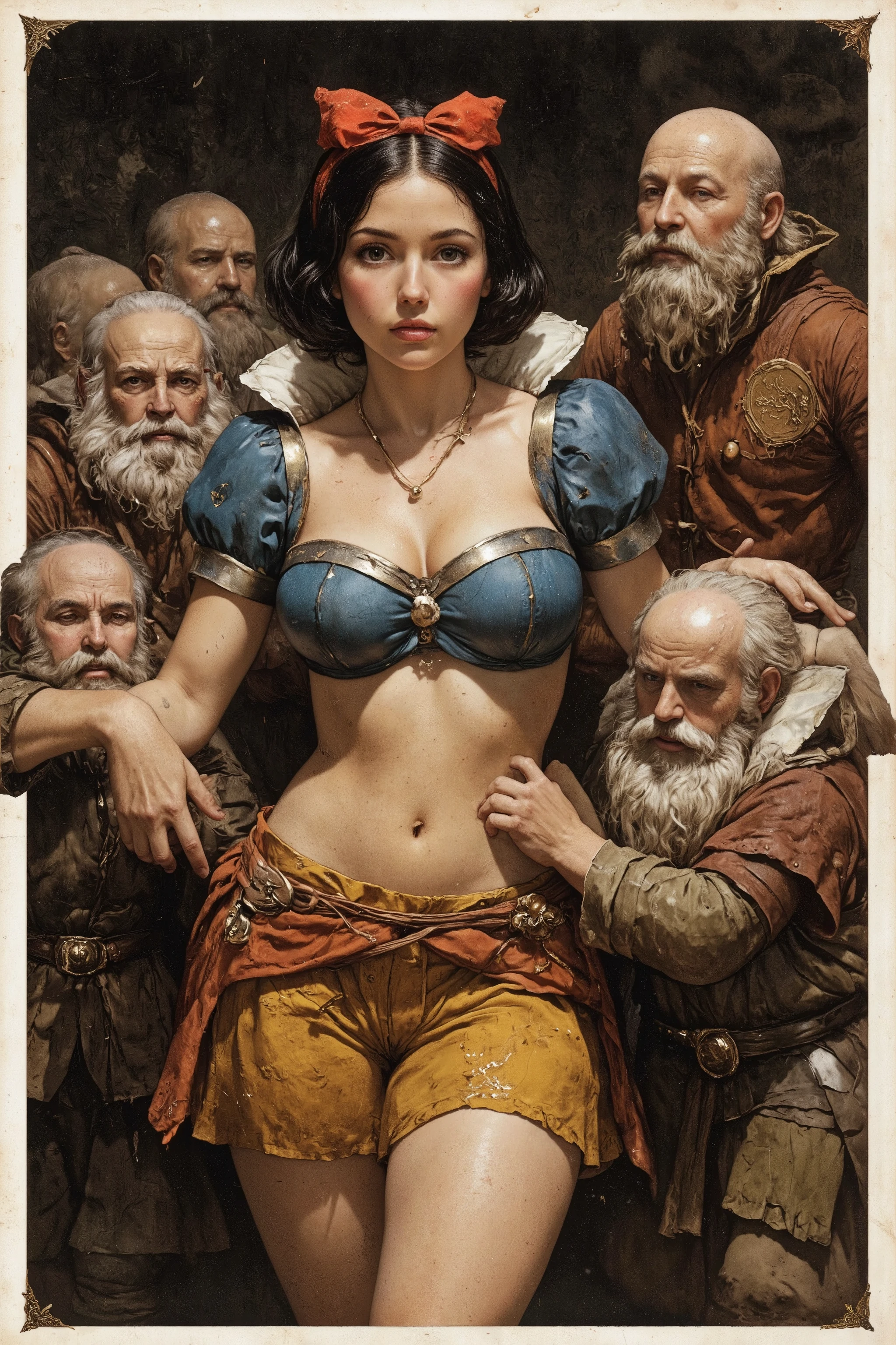 Snow White is exploited by the barbarian dwarves,
antqgldnCE style, Pussy, tr4dingcard, c4r4d,
nsfw,
for Adult,
Photorealism,
((A scene from a live-action movie)),
Incredibly detailed,
19th century photo, antique photo, sepia toned photo,
1girl, 7guys,
Early summer in 17th century Germany,
Young Snow White,
Snow White has black bob hair and a big red ribbon headband,
Snow White wears a blue bodice and a yellow miniskirt,
Snow White is a slave to the dwarfs,
Snow White is a sex slave to the dwarfs,
Snow White is filthy,
Snow White is covered in scars,
Snow White's food is the dwarfs' feces,
The dwarfs are very violent,
The dwarfs abuse Snow White,
Snow White is trained to behave like a prostitute,
Snow White is kept by the dwarves in a dark, dank cave, trading card,