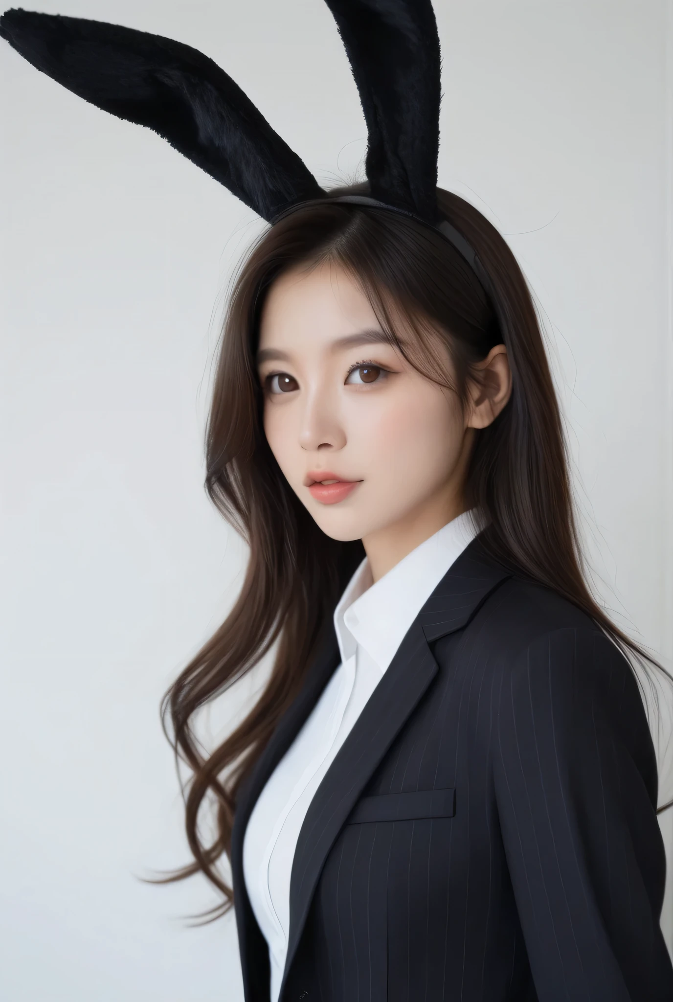masterpiece、 Highest Quality 、Illustrations、high resolution、8k、 wallpaper、 Perfect Dynamic Composition 、(High quality details、 realistic eye depiction:1.3)、from the side、 office district 、slender、delicate body、suits 、ブラックsuits、wear a jacket ( upstyle :1.2)、Big Natural Lips、bunny girl、rabbit ears