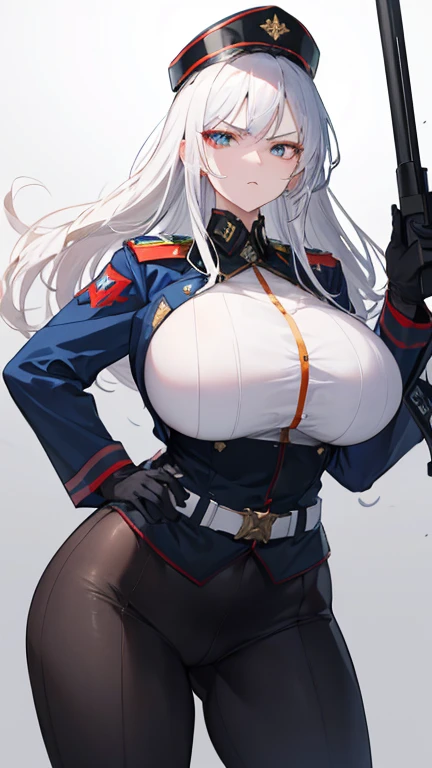Mommy short white gray hair huge with very big and huge breasts with tactical uniform bra and beret and very beautiful and very detailed