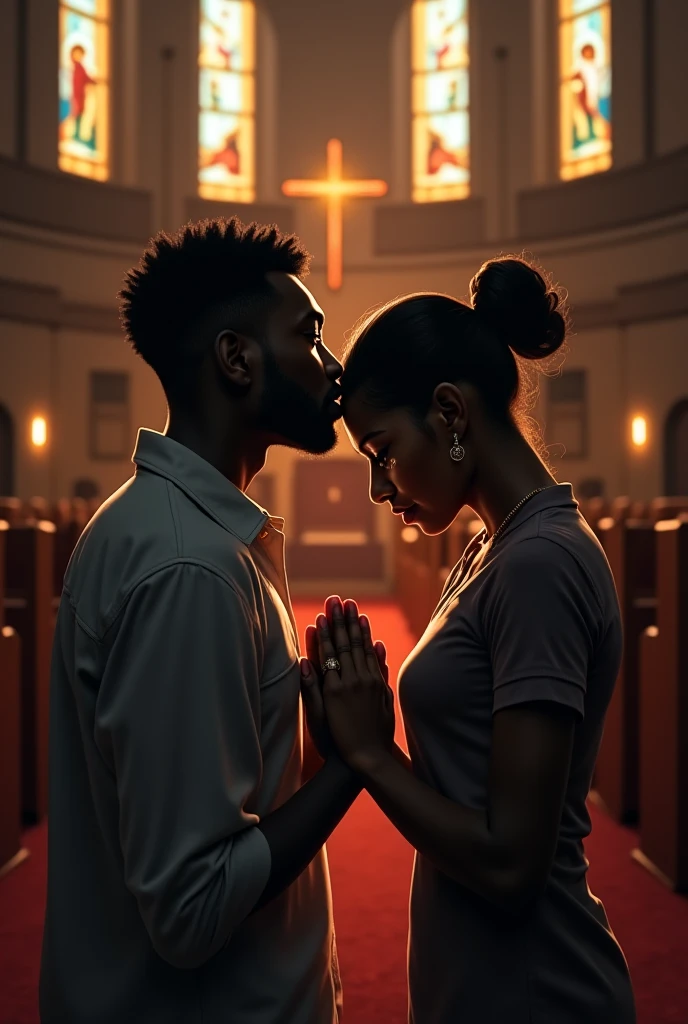 A man and women the man is black light color the women is red color praying in church there are a Jesus photo