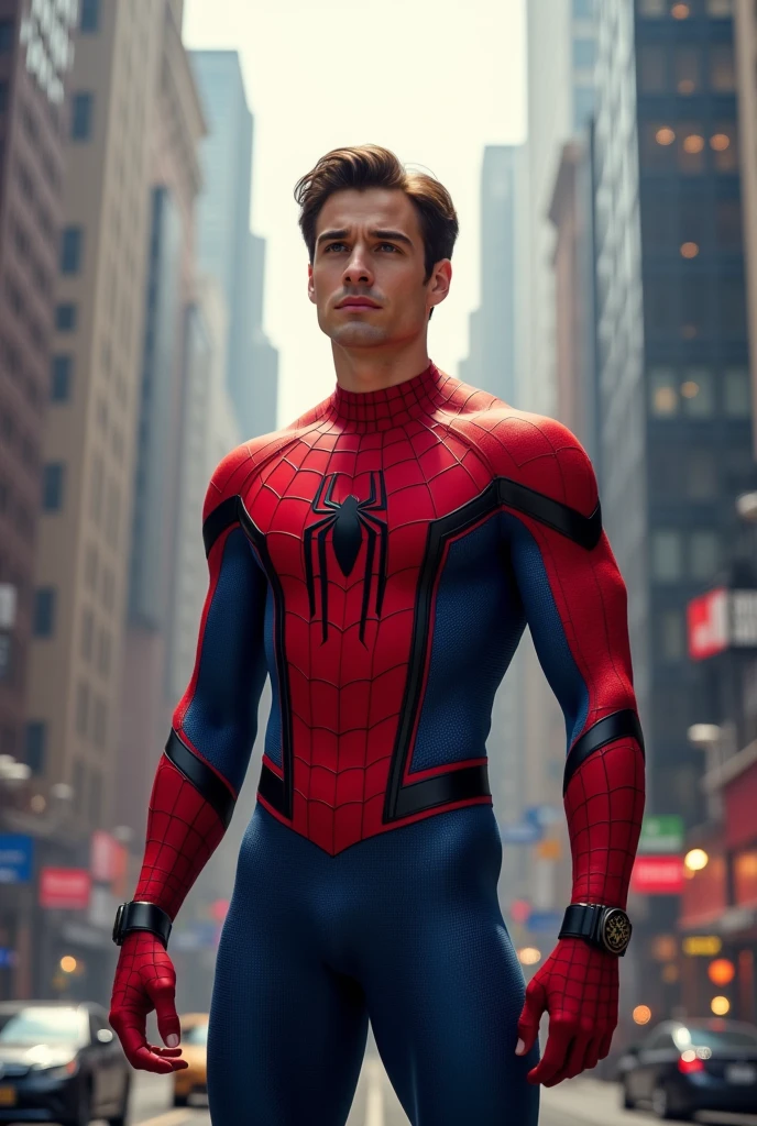 Create a 23 year old full body spiderman with short wavy black hair ,without mask and serious expression 
