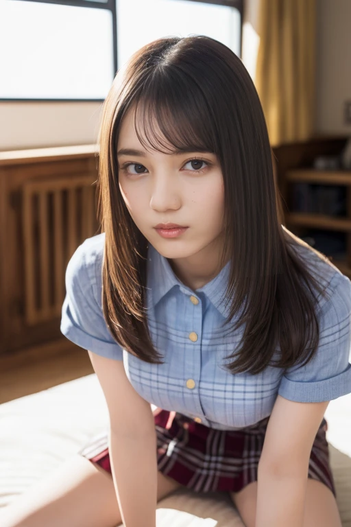 (((alone))),(((1 Girl))), beautiful, shape, Highly detailed skin, masterpiece, Highest quality, Highly detailed face, Vibrant colors, Written boundary depth, Cinema Lighting,, One Girl, alone, Brown eyes, Brown Hair, hair ornaments,Long Hair,Green Check Skirt,, White shirt, ,masterpiece Highest quality 高解像度、, Long Hair, Sit with your knees bent、eight-headed body、beautiful足 、On campus、As if looking up from below、Embarrassing,Browsing Caution,Camel Toe