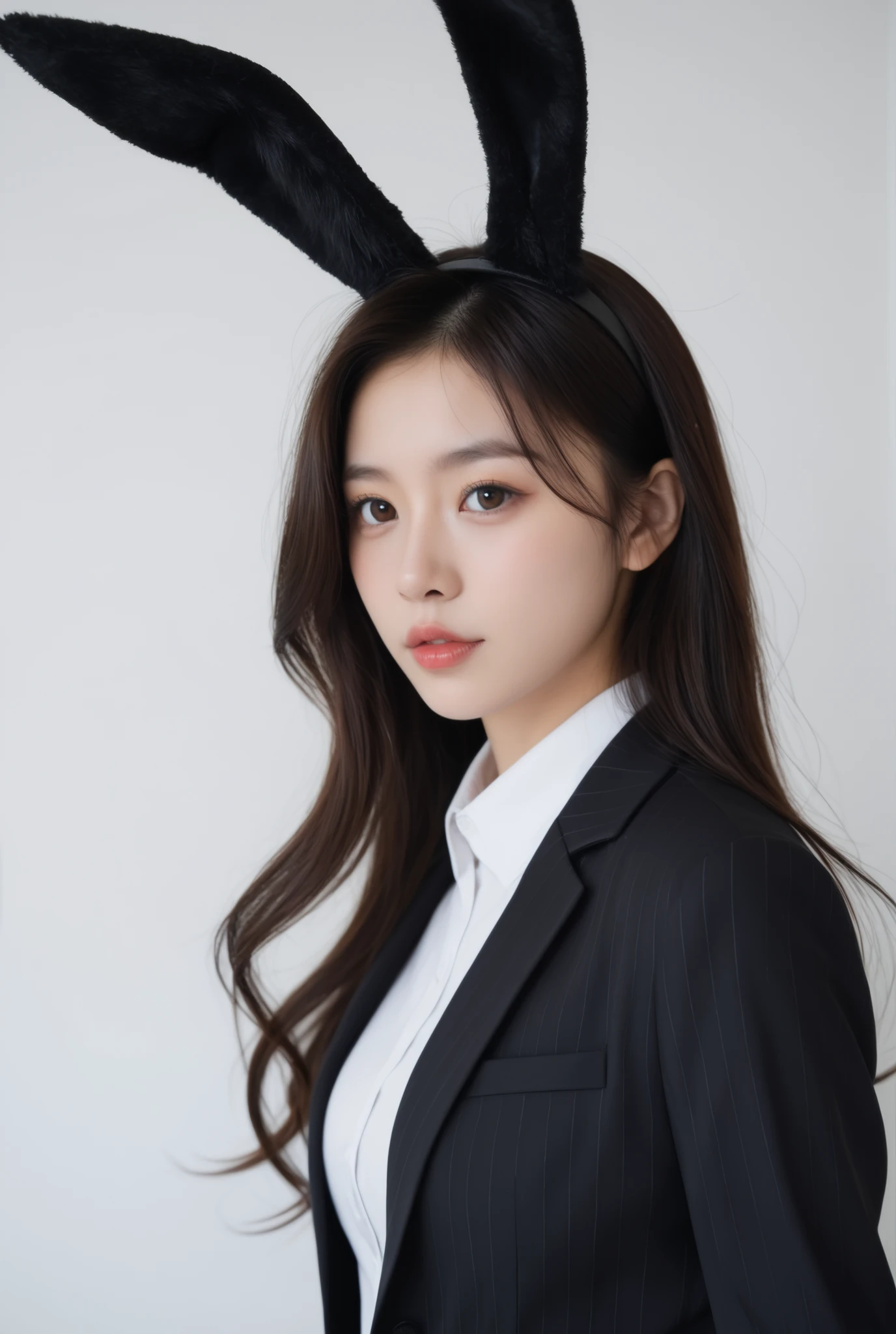 masterpiece、 Highest Quality 、Illustrations、high resolution、8k、 wallpaper、 Perfect Dynamic Composition 、(High quality details、 realistic eye depiction:1.3)、from the side、 office district 、slender、delicate body、suits 、ブラックsuits、wear a jacket ( upstyle :1.2)、Big Natural Lips、bunny girl、rabbit ears