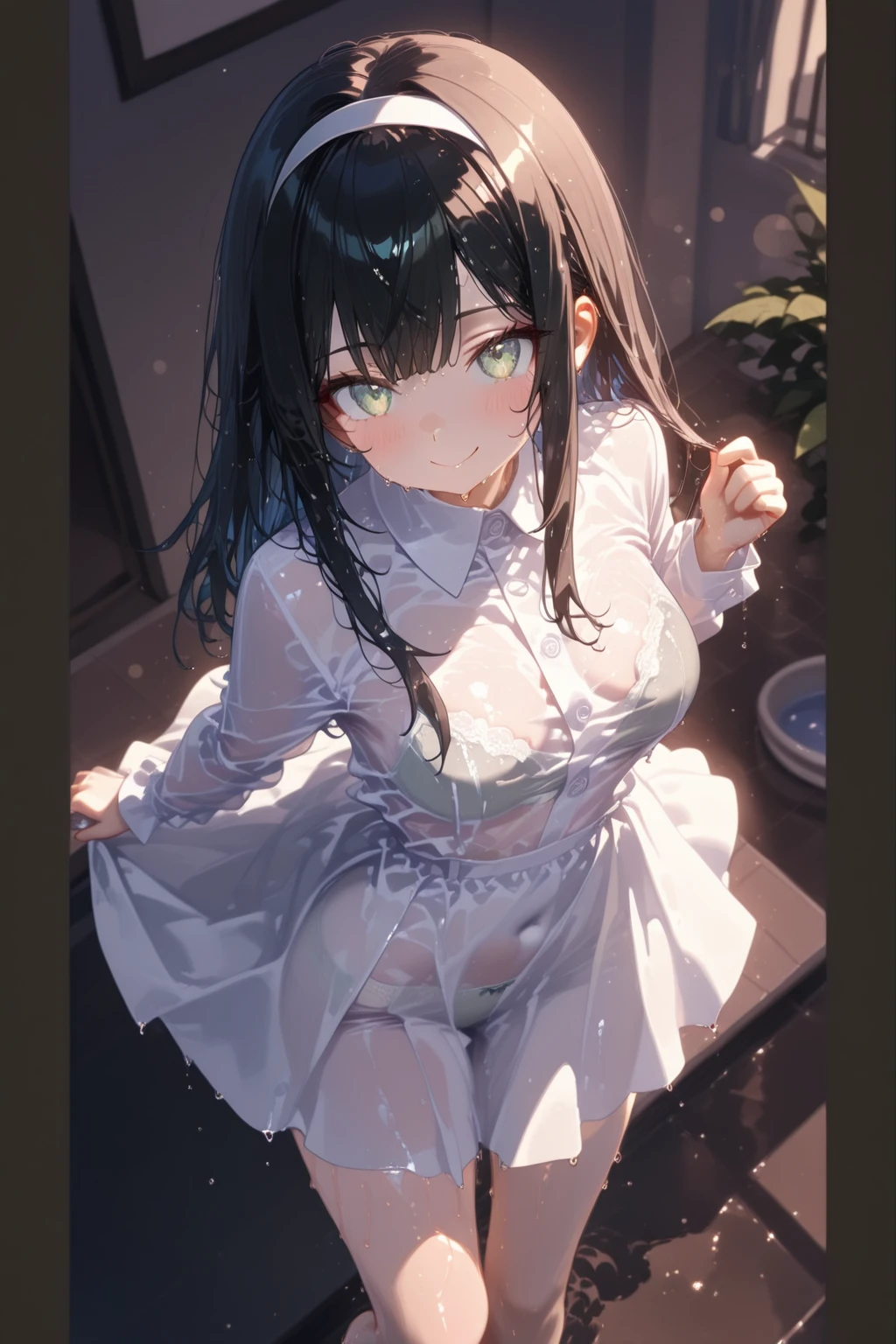 nsfw,独奏,{{{masterpiece}}}, {{{best quality}}}, {{ultra-detailed}}, {illustration}, {{an extremely delicate and beautiful}},,,black hair,Are crying,Wet and slimy, Shiny wet skin!!, Enchanting anime girl,steam,blush,Raise eyebrows,blunt bangs,Surprised expression,pussy,upskirt,loincloth