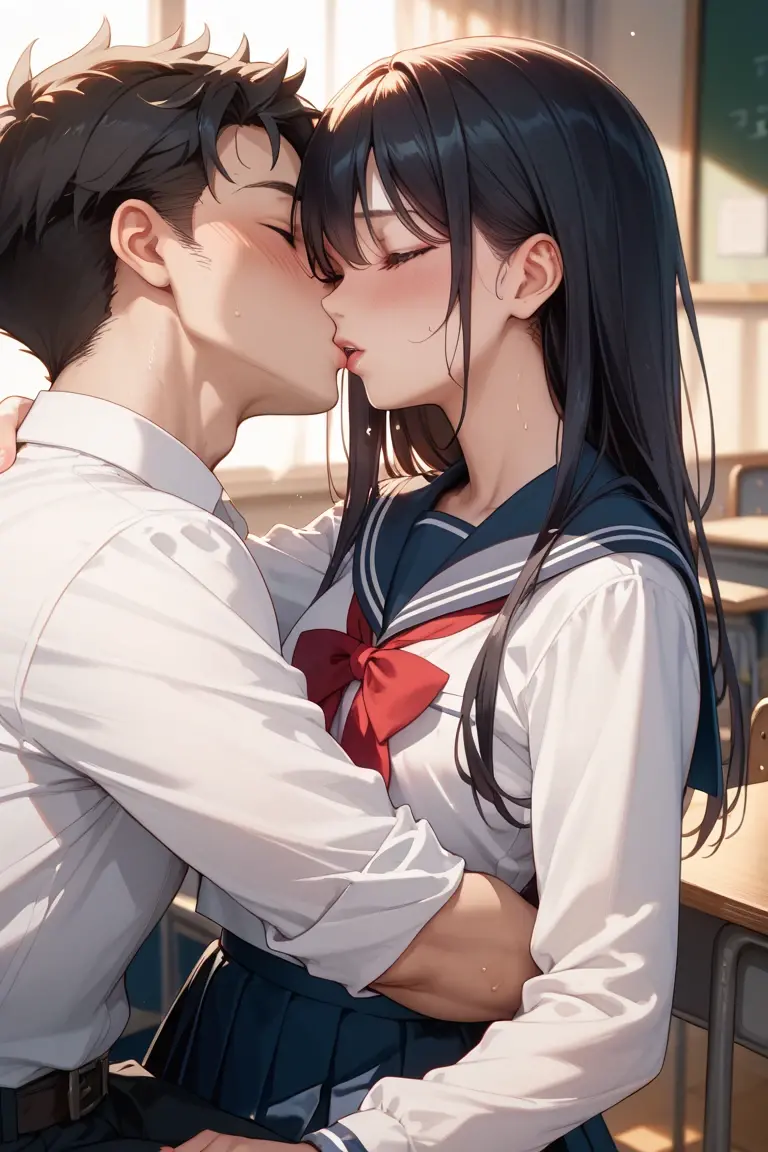 Hoshino Ichika,Project Sekai,project sekai,One girl,high school girl,Blue-black hair,black eye,beautiful girl,long hair,School,White shirt,Blue tie,skirt,Sitting in a chair,Watching the audience,nsfw,The shirt is unbuttoned,男とkissする,kiss,kiss,