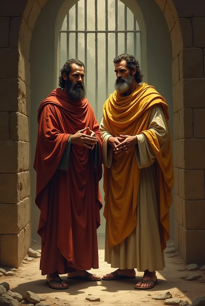 Create two biblical characters Paul and Silas chained to the arm in 3d version