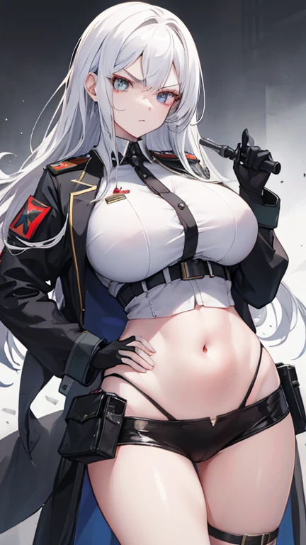 ((Best quality)), ((Masterpiece)), (Detailed), Perfect face, 1girl, mature girl, athletic, gray eyes, full body, tactical suit, tactical leotard, high cut leotard, tight, feminine, hips, thighs, buttocks, zipper pockets, bulletproof vest, rig, tactical gloves, high boots, urban zone, combat zone, Long Sleeve Bodysuits, Sexy Round Neck, black stockings, black jacket, eye band,