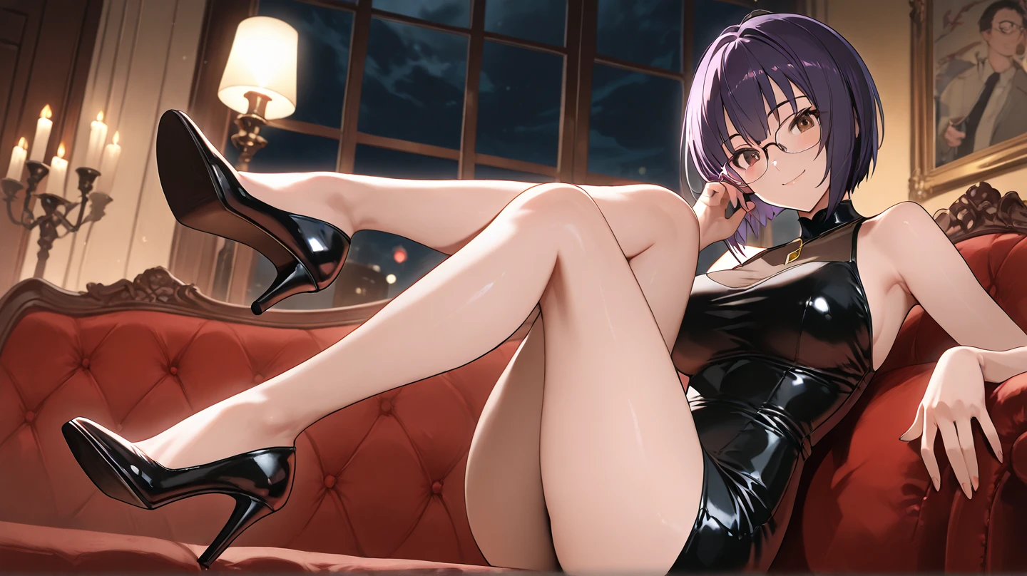 She is looking at her laptop in a sexy outfit sitting by the window, with the night city outside.