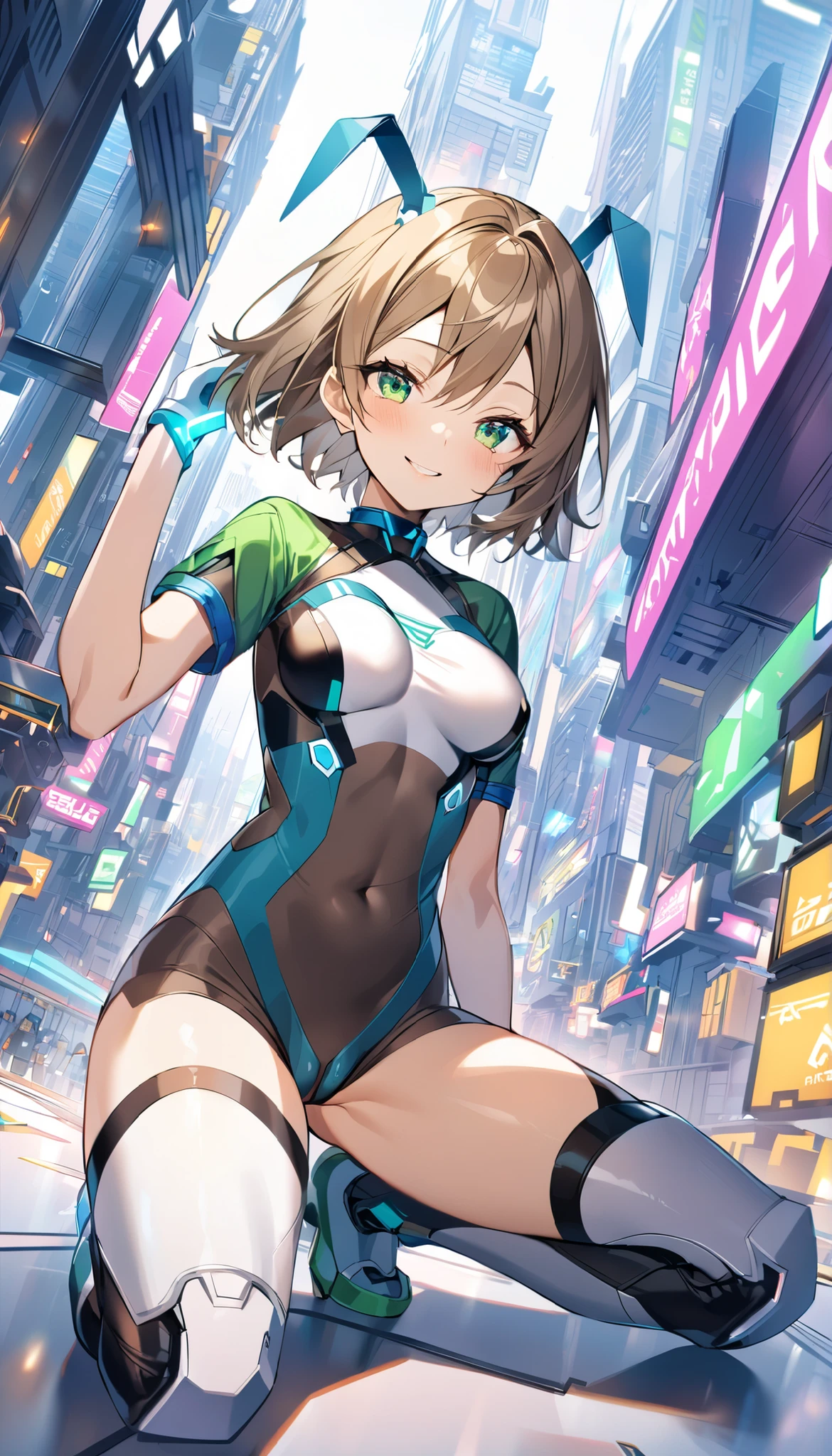aile_megamanzx, kneeling with one hand on the ground and the other arm raised, 1girl, solo, short hair, brown hair, short sleeves, (bodysuit), robot ears, green eyes, (very_short_shorts:1.3), short sleeves, short over long sleeves, smile, in futuristic city, , high quality, medium_breasts,crotch, slouch,groin,dynamic_angle