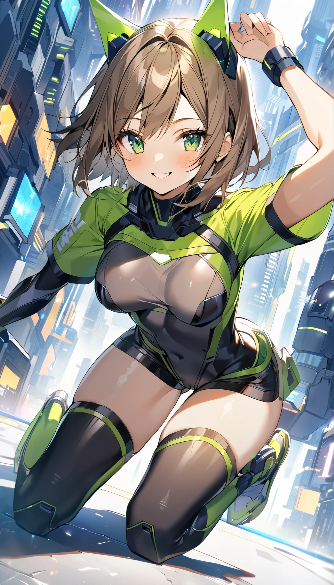 1teen_girl, kneeling with one hands on the ground solo, short hair, brown hair, short sleeves, (thin_bodysuit), robot ears, green eyes, short sleeves, short over long sleeves, bare_thighs,smile, in futuristic city, , high quality, large_breasts,crotch, slouch,groin,dynamic_angle,open_legs,