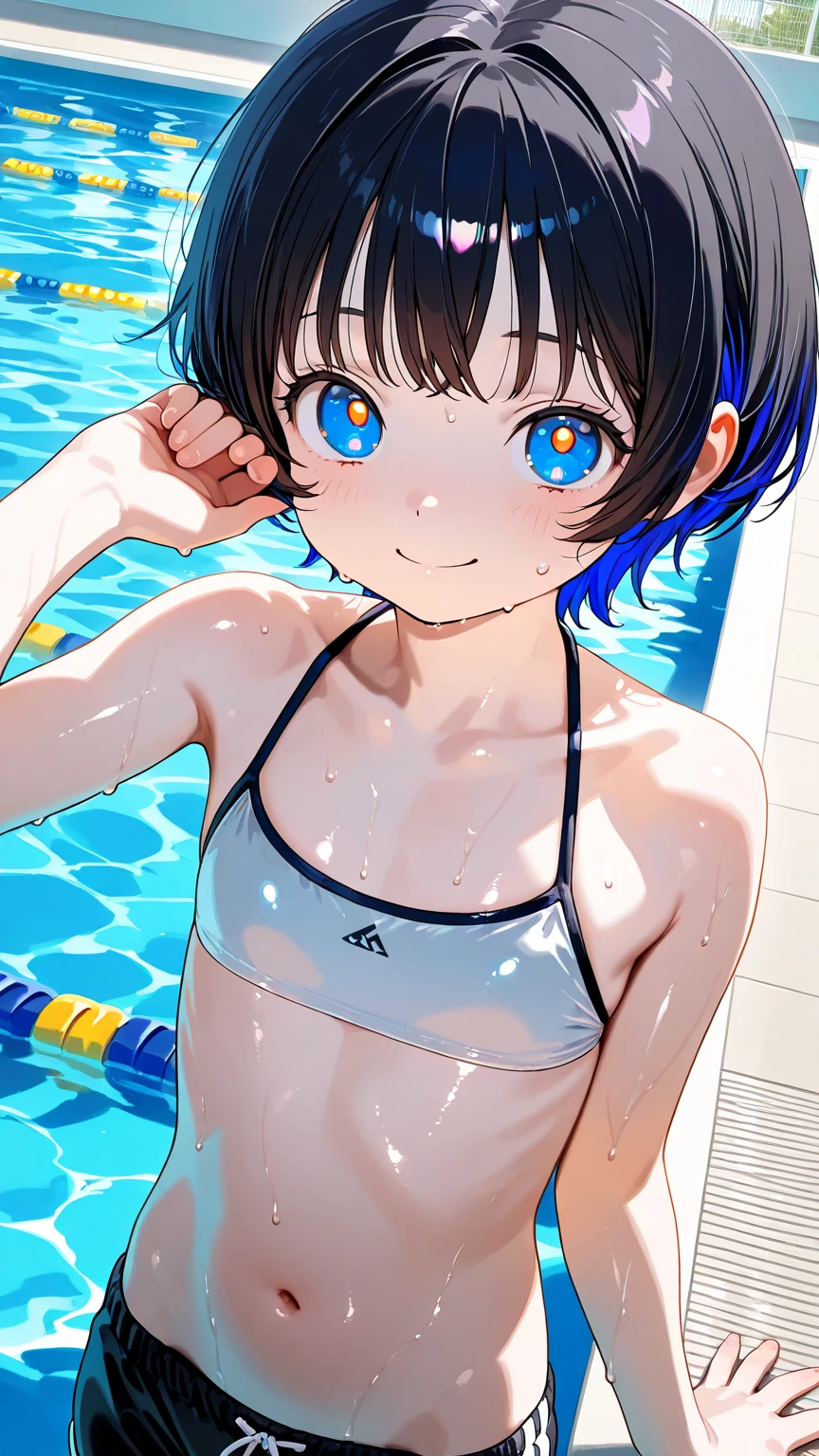 1girl , (Ruka Sarashina,sarashina ruka), bangs, ((blue eyes, short hair,Black Hair,Blue ribbon on the head)),happy smile, smile, Open your mouth,((Swimsuit、tight)),Real Summer,Daytime,sunny,My hair is blowing in the wind,whole bodyがイラストに入るように,Slender body,
Destroy outdoors, School,Pool,
壊す looking at viewer,Beautiful breasts,Medium chest,whole body,((blue ribon ,Blue ribbon on head))、Breaking the angle from above (masterpiece:1.2), Highest quality, High resolution, unity 8k wallpaper, (shape:0.8), (Beautiful details:1.6), Highly detailed face, Perfect lighting, Extremely detailed CG, (Perfect hands, Perfect Anatomy),