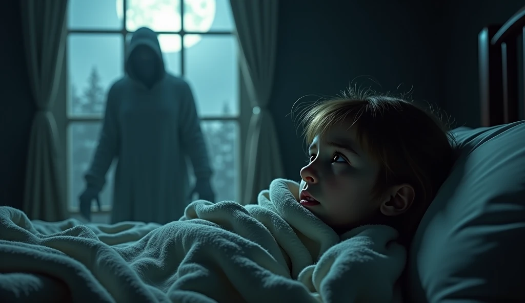 the image of a dark room, There is a child sleeping in his bed, while on one side, There is another child of the same age, but with a disturbing look and ghostly appearance. scary and horror scene.