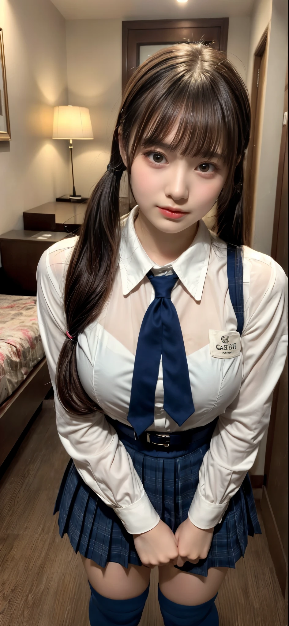 (((Shooting from directly below the front))), top-quality, masterpiece, Beautiful schoolgirl, Highly detailed face and skin texture, Detailed eyes, she is sitting on the bed with her legs apart, high school girls uniform, White blouses, Pleated skirt in black color, plump medium bust, medium breasts, Long bun hair, Multicolor Hair, Beautiful hair, watching at viewers, embarrassed red face, I can see the white see-through panties,