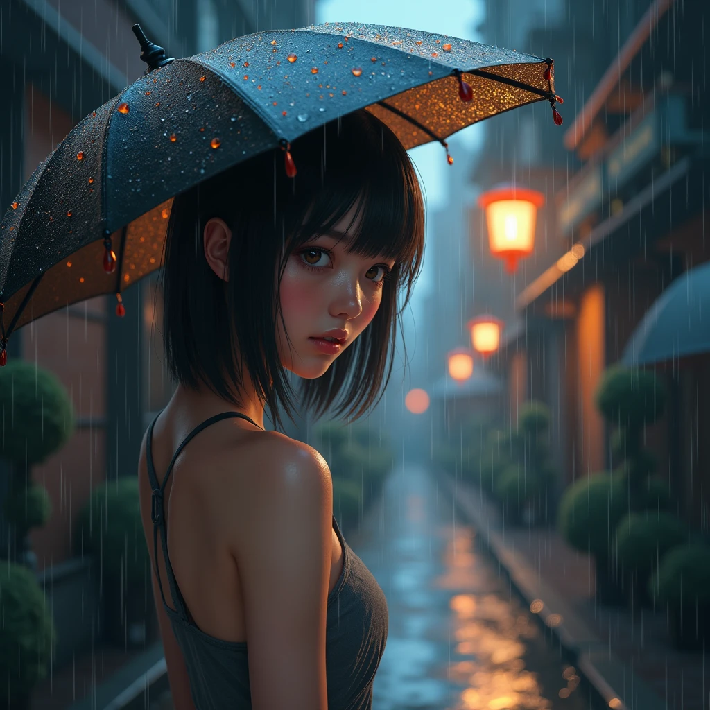 Photorealistic、Highest quality、Highest Resolution、Highest quality、16K、1 beautiful adult woman、Cute face、Delicate face、Bob cut hair、Ash brown hair color、Brown eyes、Delicate eyes、Beautiful Eyes、Troubled face、Beautiful breasts、Big Breasts、shirt、Shorts、umbrella、大rain、rain、Town