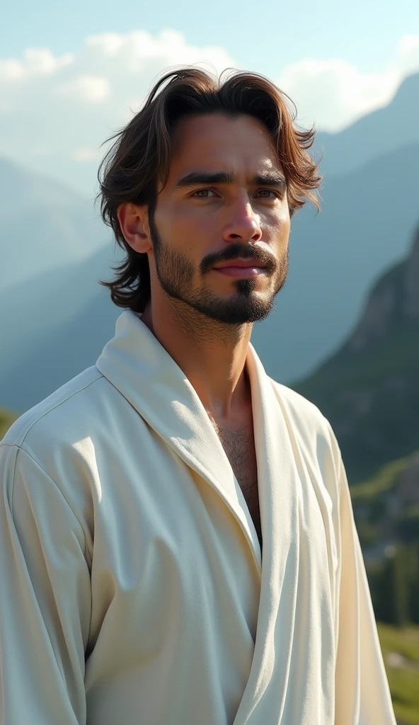 A young prince on his knees In a side position in white robes in the middle of the wheat and the field.