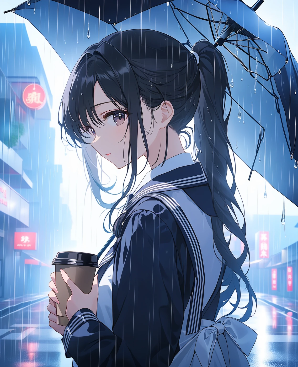 a girl studying at a desk, rain in the window, cute clothes, cozy ambiance, (best quality,4k,8k,highres,masterpiece:1.2),ultra-detailed,(realistic,photorealistic,photo-realistic:1.37),detailed face, beautiful detailed eyes, beautiful detailed lips, extremely detailed eyes and face, long eyelashes, focused expression, indoor setting, warm lighting, window view, rainy day, study room, desk, books, warm colors, soft lighting