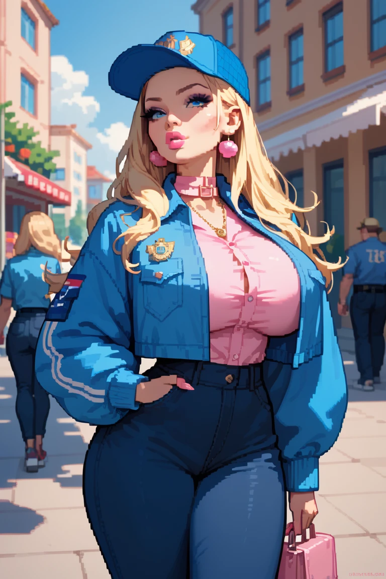 evening sun, city square, on the street on which a music band plays, street, tropical street, palm trees, people in tropical cloth on the street, arm extended forward,((girl in Blue zipped up down winter jacket and black turtleneck )) and (jeans) and blue gloves and (((blue winter hat)))) extending her hand to the observer with a smile,adult, [Nordic], Hourglass elongated fitness body, perfect Olive skin, Oval Face, Long neck, Rounded shoulders, perfect hand, Attached Pointed ears, round forehead, (Short blonde Waves pixie hair), snub nose, Arched eyebrows, ((monolid blue Eyes)), High Round Narrow cheekbones, Dimpled Cheeks, Rounded Chin, Rounded Jawline, Full nude Lips, (blue eyes), Nude Makeup Look, long eyelashes, third breast size, long slim fitness legs, graphic style of novel comics, perfect hands, 2d, 8k, hyperrealism, masterpiece, high resolution, best quality, ultra-detailed, super realistic, Hyperrealistic art, high-quality, ultra high res, highest detailed, lot of details, Extremely high-resolution details, incredibly lifelike, colourful, soft cinematic light,