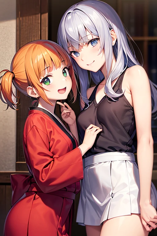 2d, masterpiece, best quality, anime, highly detailed, 5 girl, photo of 5 girl, quintuplets, nakano itsuki, red hair, long hair, star hair ornament, ahoge, large breasts, standing, onsen, open white yukata, outdoors, smile, talking among them, looking among them