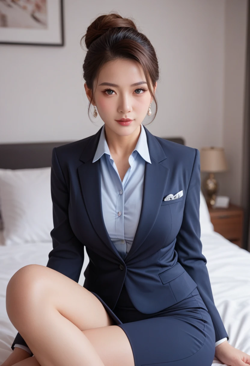 (8k, RAW photos, top quality, masterpiece: 1.2,(Best quality, 8k, 32k, Masterpiece, UHD:1.2), 1girl, narrow waist, white suit, black shirt, suit, pants, from front, sitting on desk, office room, (stick out one's buttocks:1.2),
