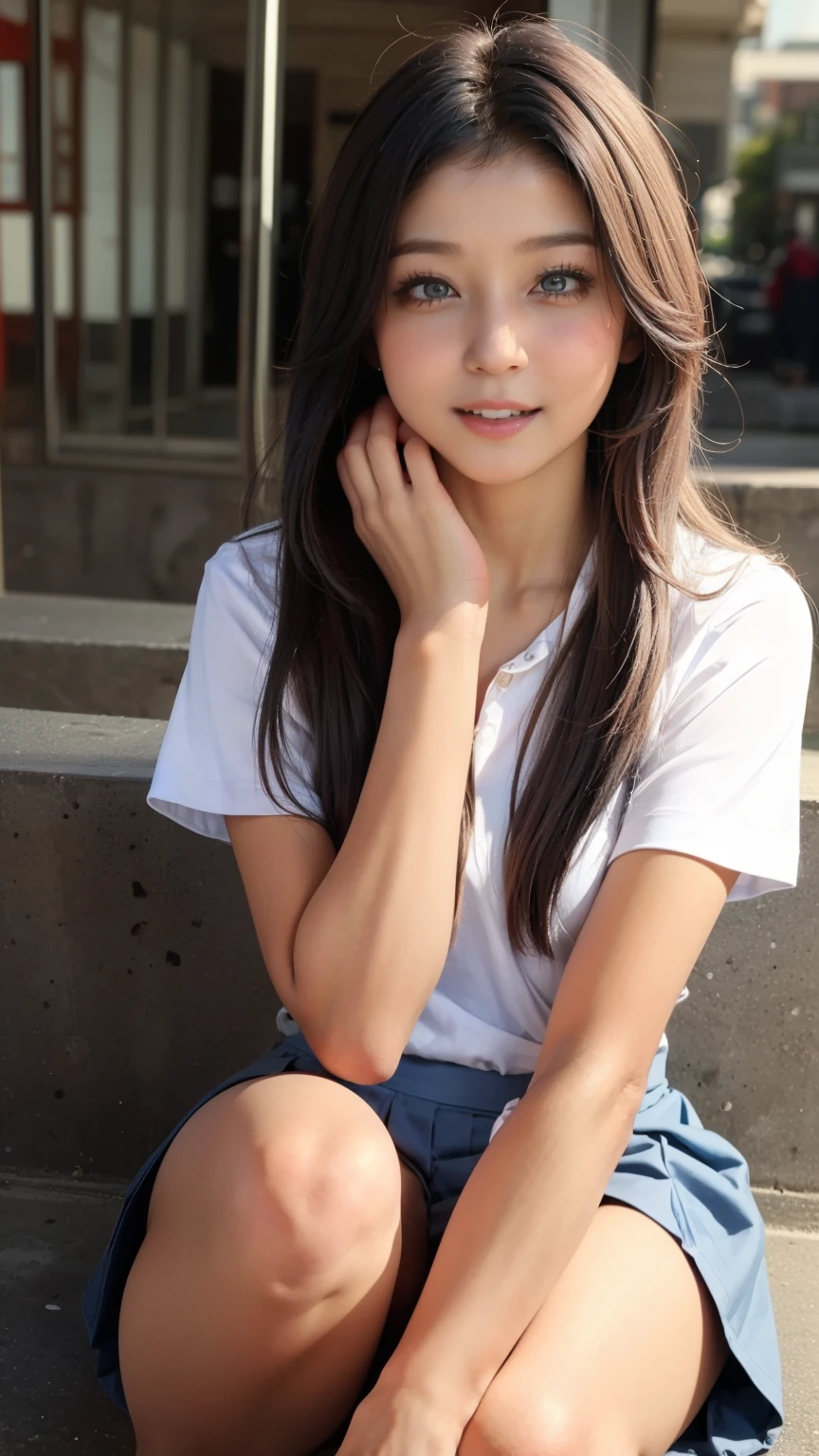 small cute girl, (masterpiece:1.4), (8k), (realistic), Raw photo, (top-quality:1.4), (1girl in)beauitful face, (Real Face:1.4), (White hair:1.3, long hair:1.3), Beautiful hairstyle, Beautiful Detail Eye, (Real Skin:1.3), Beautiful skin, enticing, high resolution, hyper-realistic, high-detail, the golden ratio, (detailed face:1.4), (High School Girl Uniform Skirt), Pubic area visible, sit on stairs, ((Bend your knees)), frontage