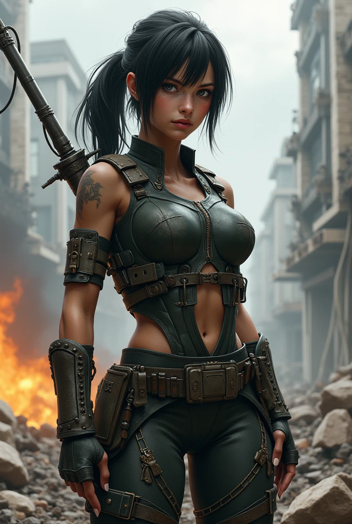 Create a masterpiece with the highest quality and attention to detail, aiming for a photorealistic portrayal of a Filipino woman wearing a solider uniform. The artwork should have a cinematic feel and be rendered in ultra-high resolution (8k).
The composition should focus on a medium shot, highlighting the Filipino woman's striking appearance and intense personality.
Include a combination of strength and finesse. Her attire is a crucial aspect of her character: a camouflage uniform, torn tank to, torn military pants, emphasizing her agility and combat skills.
The uniform features subtle textures and contours that catch the light, adding depth to the depiction. Accents of dark gray and gunmetal are strategically placed to enhance the uniform's visual appeal.
The Filipino Woman's dark hair cascades over her shoulders, adding a touch of vibrant color to the scene. Her expression is enigmatic, showcasing her brash and strategic thinking.
Within the composition, incorporate elements that allude to her militant background: ruins, burning city, advanced technology, and a backdrop that hints at a warzone environment