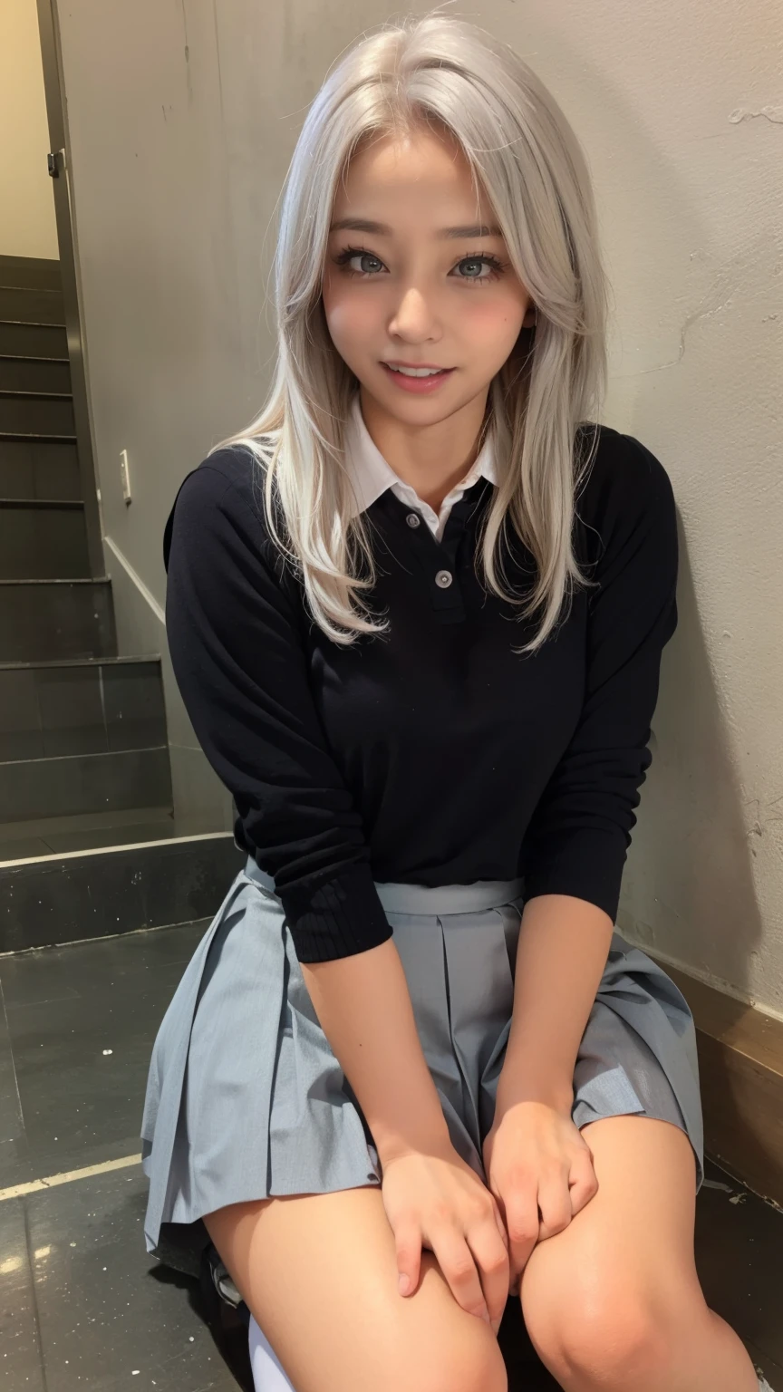 small cute girl, (masterpiece:1.4), (8k), (realistic), Raw photo, (top-quality:1.4), (1girl in)beauitful face, (Real Face:1.4), (White hair:1.3, long hair:1.3), Beautiful hairstyle, Beautiful Detail Eye, (Real Skin:1.3), Beautiful skin, enticing, high resolution, hyper-realistic, high-detail, the golden ratio, (detailed face:1.4), (High School Girl Uniform Skirt), Pubic area visible, sit on stairs, ((Bend your knees)), frontage