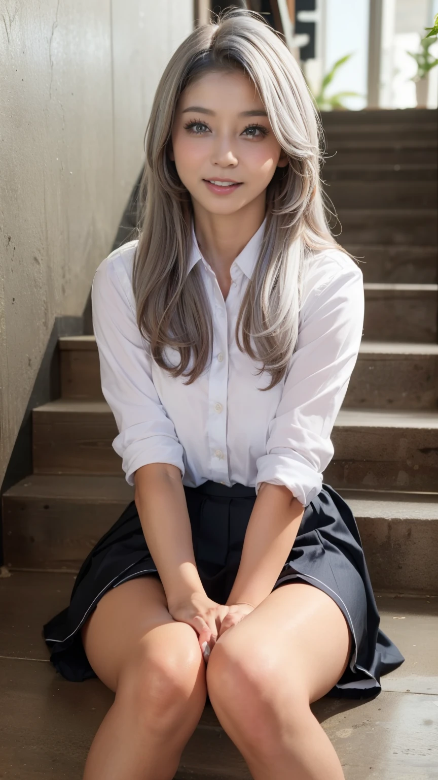 small cute girl, (masterpiece:1.4), (8k), (realistic), Raw photo, (top-quality:1.4), (1girl in)beauitful face, (Real Face:1.4), (White hair:1.3, long hair:1.3), Beautiful hairstyle, Beautiful Detail Eye, (Real Skin:1.3), Beautiful skin, enticing, high resolution, hyper-realistic, high-detail, the golden ratio, (detailed face:1.4), (High School Girl Uniform Skirt), Pubic area visible, sit on stairs, ((Bend your knees)), frontage