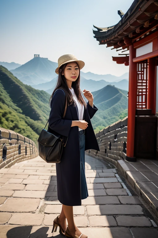 an Indonesian Javanese women (27 years old, oval and clean face, fat body, long hair, Indonesian-style skin, wearing a thick coat and syal , jeans) standing posing like a model on the Great Wall of China, photo slightly tilted to the side, visible face, atmosphere night, natural lighting, sunset light. ultra HD, real photo, very detailed, very sharp, 18mm lens, realistic, candid photography
