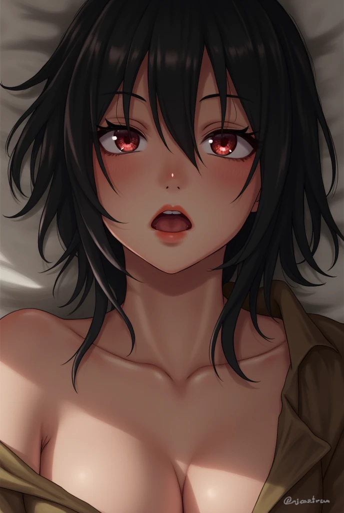 Girl with cockroach antennae at 20 years old, black eyes with yellow irises, beautiful, Brown hair, defiant look, and sensual clothes, nightgown type for sleeping, anime type , where he is crying because of a blow to his cheek