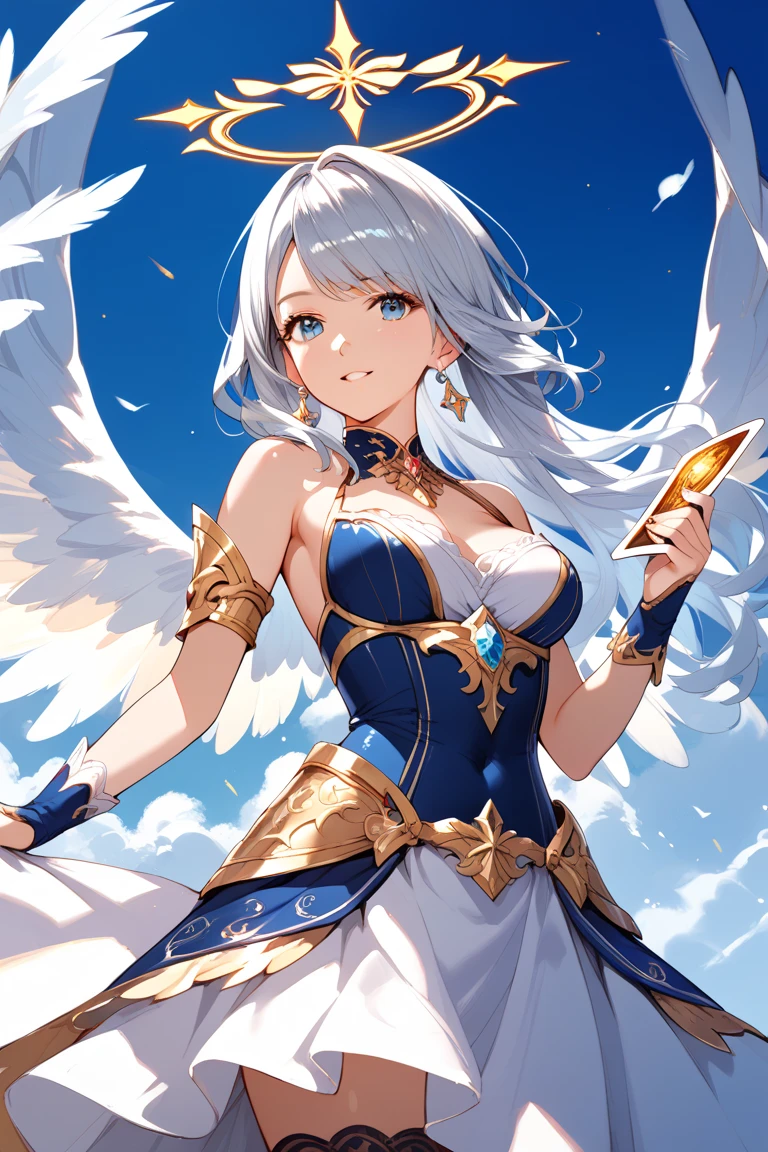 top-quality、Top image quality、masterpiece、girl with((18year old、bright clothes、White bra、white dres、Gold Skirt、 Best Bust、Bust 90、Long silver hair、Red Eyes、open chest wide、Valley、Happiness、A slender、Angelic face、Aura of Light、Wings of the Universe、Angel Boots、GOLD accessory、White rose hair fastening、Holding a metallic gun))hiquality、Beautiful Art、Background with((crystal clear skies、Golden light pours down、Blue Thunder、Many Angels、Shining House、unicorn、Heavenly Light))、masutepiece、Elaborate design、visualart、