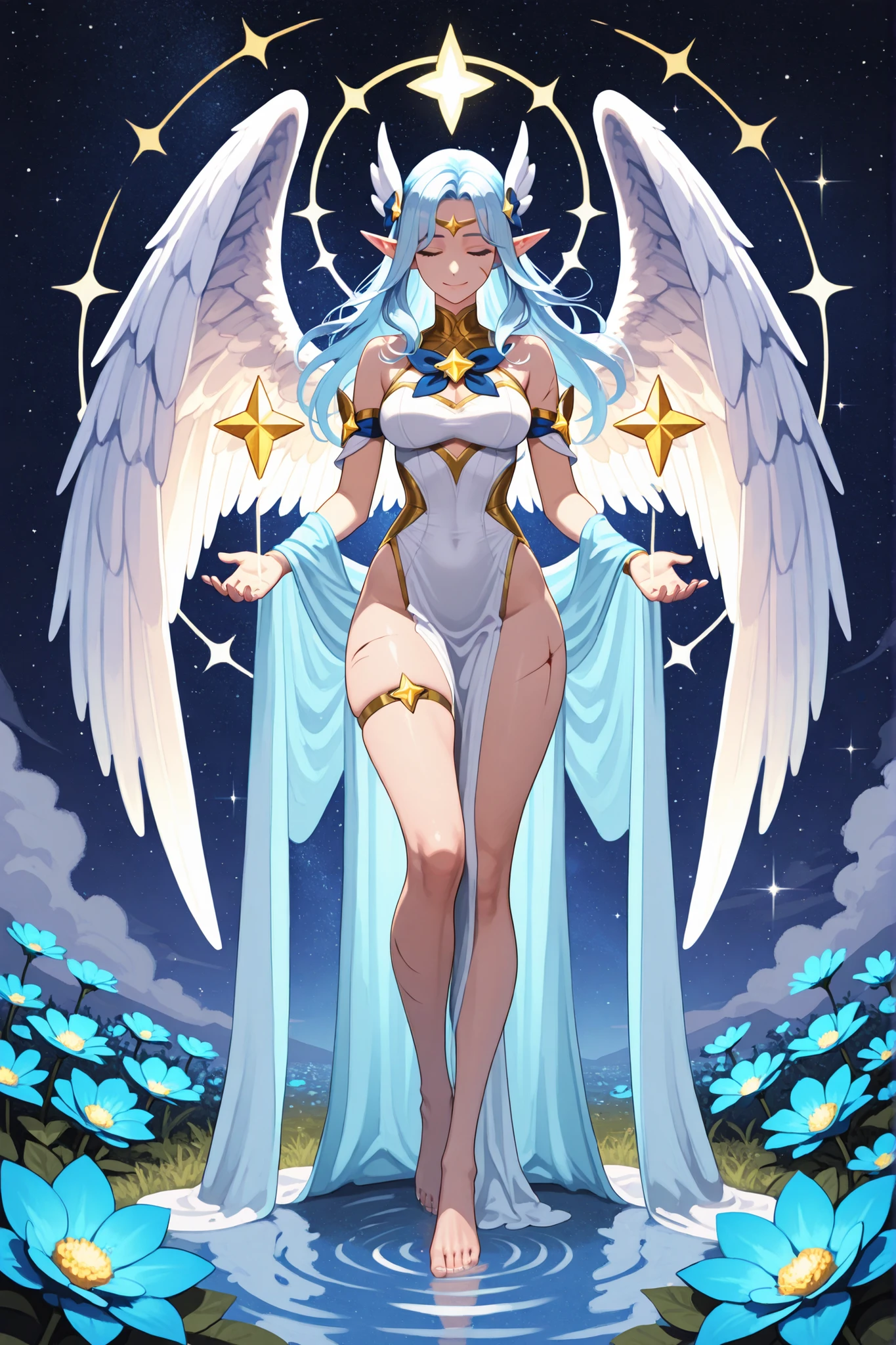The character is an ethereal and magical figure, with fantasy traits and heavenly elements. Here is a complete description: Overall appearance : Species/Race: The character appears to be a mystical creature, possibly a heavenly fairy, winged angel or elf. Pele: Her skin is very fair, almost translucent , with a soft glow, giving an ethereal and heavenly air. Cabelos: Longos, wavy and silver with a light lavender or white-blue color. The threads flow supernaturally, as if floating. Olhos: They are not visible in the image , because she has her eyes closed, conveying serenity and introspection. Facial and Body Features: Orelhas: Elongated and pointed , typical characteristics of elves. Expression: soft and serene , heavenly. Corpo: Esbelto, graceful and lightly covered with a cloak of light and stars, transmitting lightness. Costume & Accessories: Roupa: A delicate dress made of translucent sky blue fabric with sparkles in the shape of golden stars. The dress partially covers the body, with cuts that reveal skin in an elegant and artistic way. Joias: Chains gold with sparkling stones adorn her waist and hips. Hair accessory : A blue flower is attached to the side of her head. bare feet: She is barefoot , emphasizing her connection with nature or the spiritual world. Asas: Large, feathered wings, with tones ranging from light blue to white. They appear soft and shine slightly, reinforcing the angelic aesthetic of the character. magic element: She holds a creature or essence of bluish light that seems magical or heavenly — it could be a spirit, a bird made of energy or an astral manifestation. This character transmits a magical energy, serene and powerful - as if she were a star guardian, a goddess of the skies or a spirit of the night.