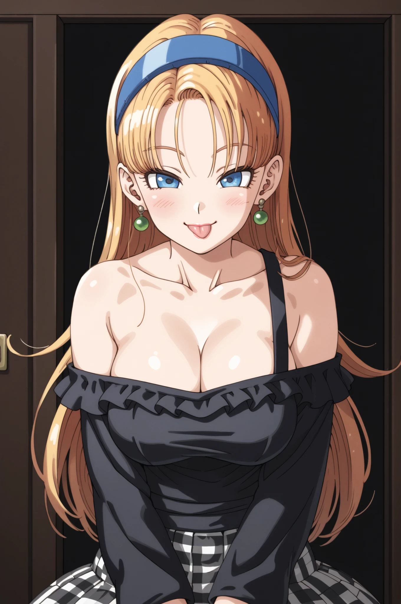 Female((30-years old)), hair((Wavy, Golden brown)), Eyes((smart Eyes, Green)), Clothes((New York Fashion Week, light Green)), Smiling, Breast Out, Ponytail, Accessories,