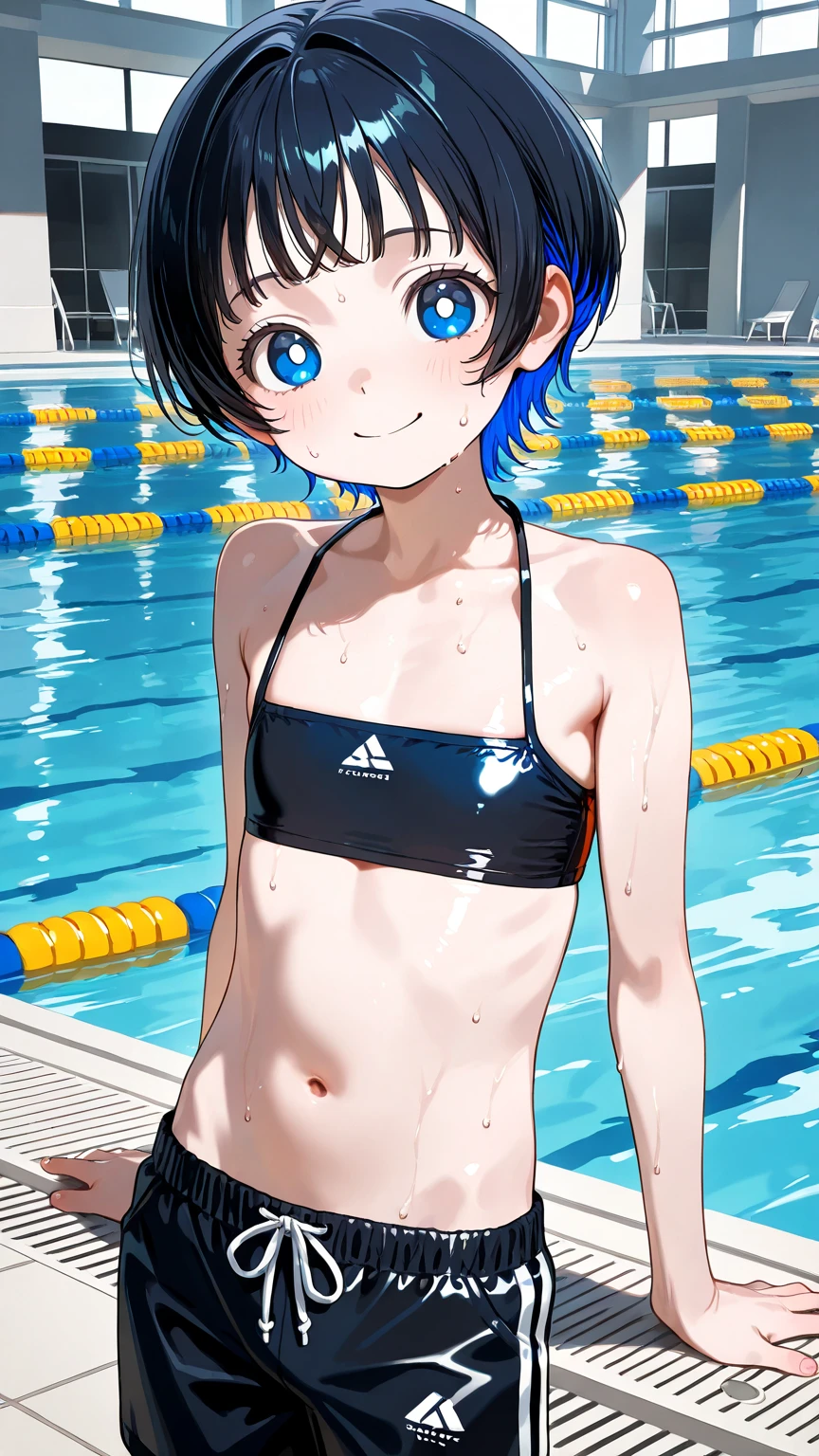 ,Blue hair color,Twin tails,Blue Eyes,Light green feather hair accessory,School Swimsuit,Pool