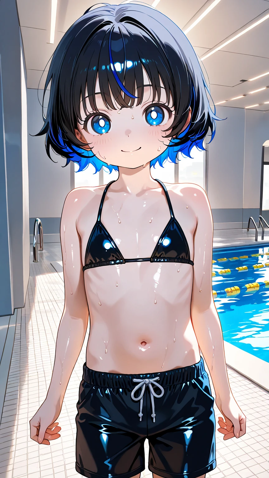 short hair、× Hair Accessories、Hair on one eye、(Low height:1.5),(Highest quality、High resolution、Very detailed、Real:1.2)、Portrait、Beautiful Blue Eyes、A little blush、smile、Facial steam effect、Embarrassed expression、Female Model(1 person)、The open crotch design exposed the crotch to the audience.、Stimulate a response from the audience、Slightly squatting pose、Put your arms behind your head、To the camera、By the pool、(flat chest:1.7)、(Sweaty:1.4)、(petite:1.4)、(Thighs)、(Big belly:1.9)、(Wet Skin)、Hyperpregnancy、(dark nipples:1.9),((naked))、(large areolae:2)、(Pussy juice:1.3)