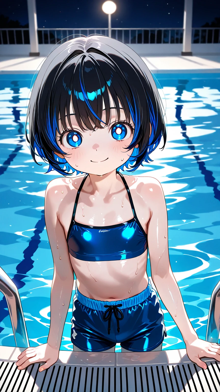 Swimming in a swimsuit、bikini、Girl、Girl、Primary school students、slender、Slender、Black Hair、Hairstyle slicked back、Sweep your hair back、The forehead is visible、Forehead、whole body、
