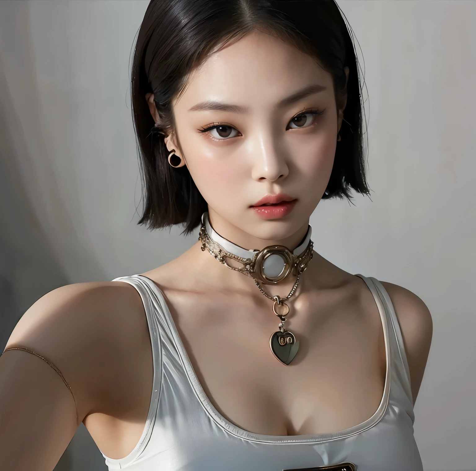 super high quality，8k，Gal，Sexy and feminine, High and cold，Fascinating，The head proportions are perfect，Grey high ponytail，Wear short tops, Torn denim shorts，Fiery red lips，Swan neck，choker，The sun is shining