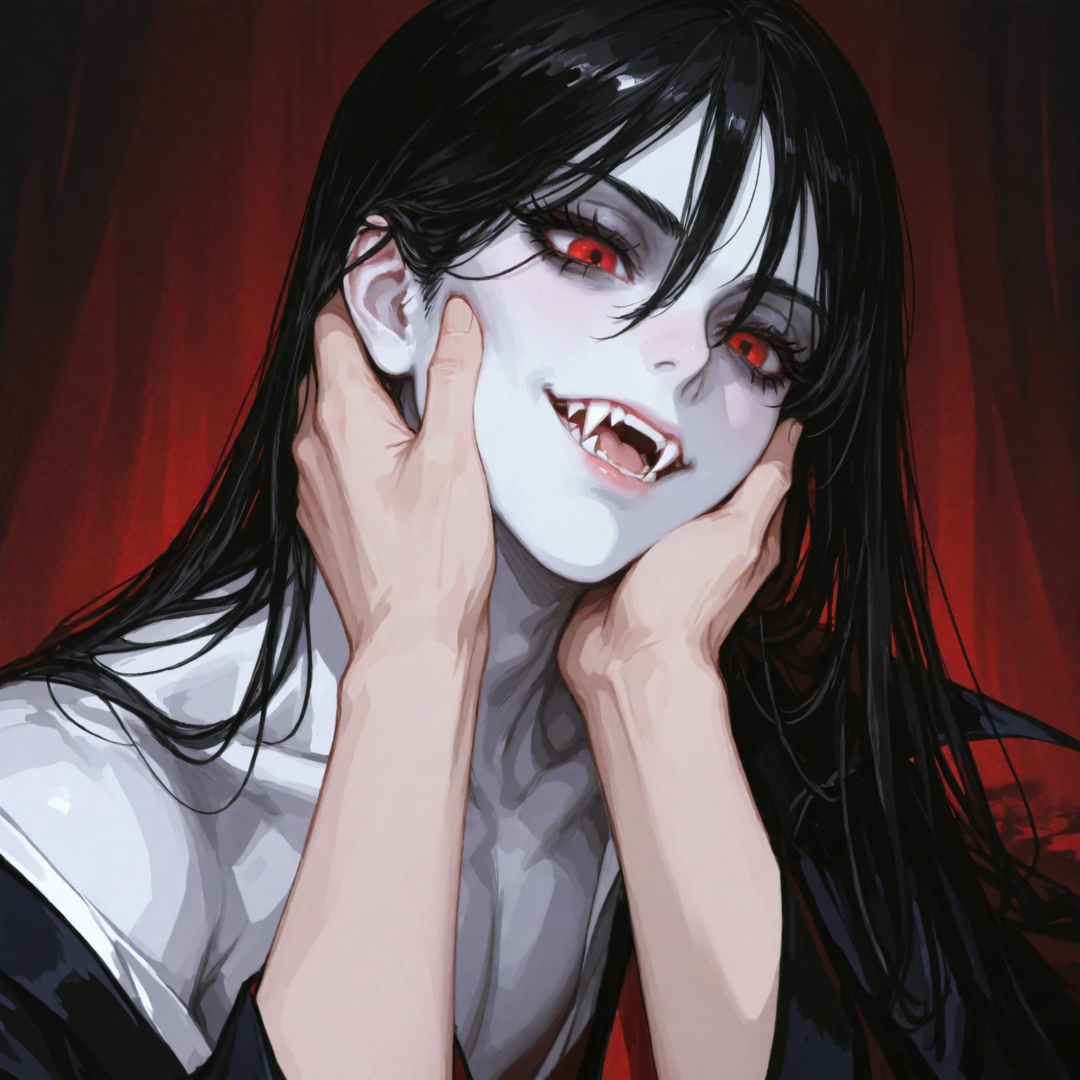 score_9, score_8_up, score_7_up, source_anime, BREAK, (((yew))), , 1girl, solo, vampire girl, black hair, white skin, purple eyeshadow, red lips, curvaceous, vampire outfit, long hair, hands on face, drool, looking at viewer, cleavage