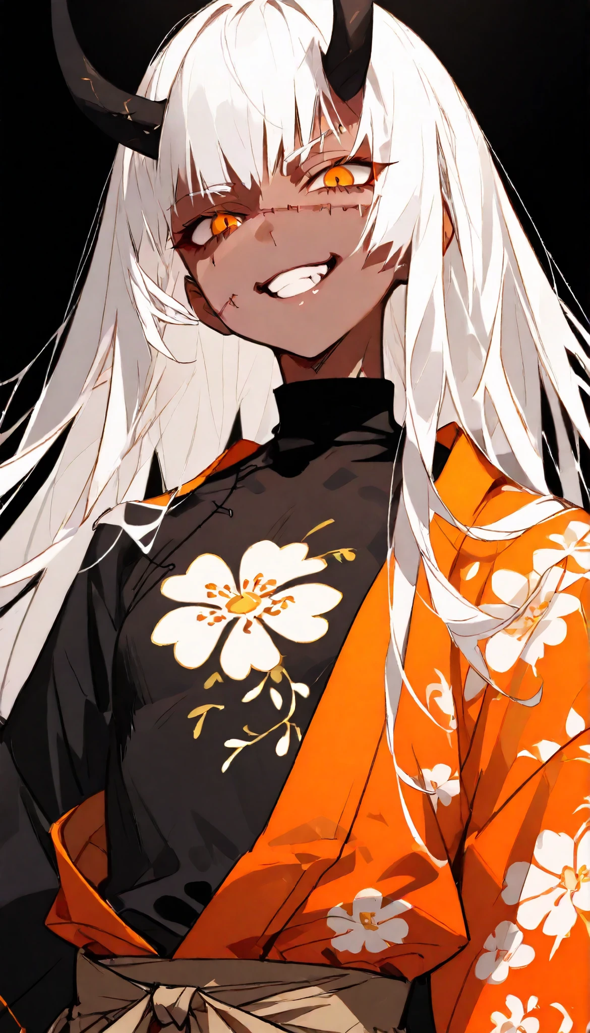 Alone ,Male,white hair,Dark skin,In the orange eyes, black horn,long hair,Stitches,Orange kimono,black shirt,HAKAMA PANTS,slim,Slender figure,smile,Grit your teeth,crazy,Pointy hair,Pointed eyes ,Murderer,Fierce face,Turtleneck,good figure,Floral shirt,black background,Upper Body Shape,