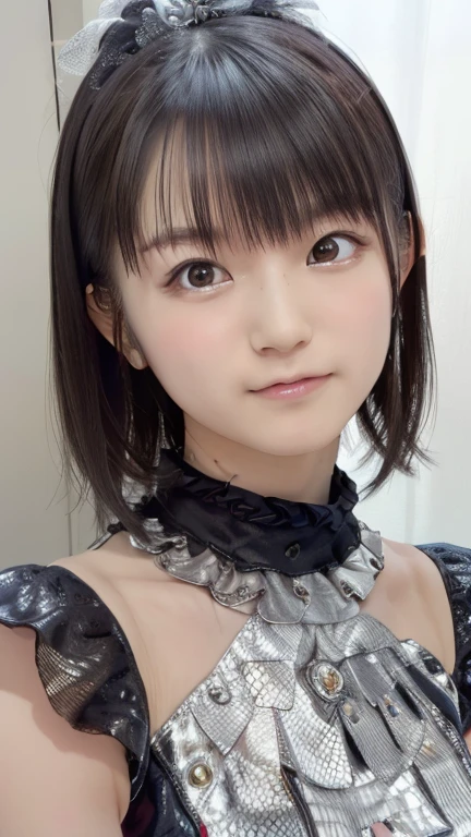 Japanese、(((Beautiful girl small breasts))),(((Flat chest like a boy))),(((Cute face like an elementary school student))),Wearing a black jacket, Long Hair, Cyberpunk Red Green Background、(((Upper body naked))),smile,Young Face,、Round face,Big eyes, Round eyes、No makeup