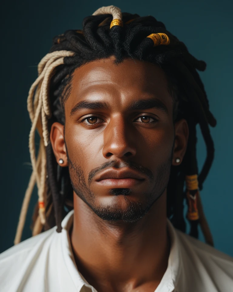 score_9, score_8_up, score_8, score_9, (zPDXL2), XXX Rating, Photo Real, realistic, a beautiful man, penetrating gaze, dreadlocks, beard, chest showing, dark-skinned male, GlamorShots_PDXL