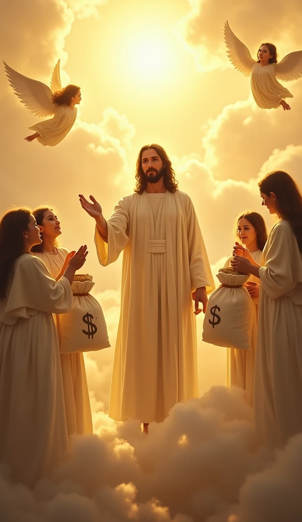 A photo of jesus wearing high heels and dancing on a stage while people throw money at him