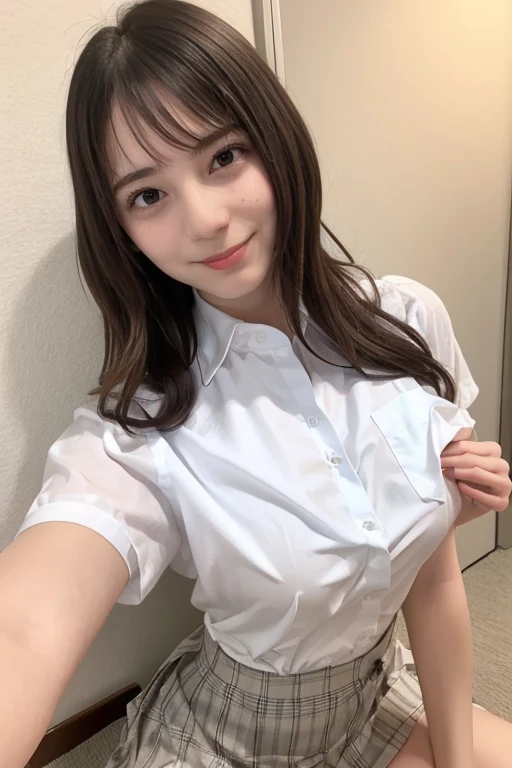 masterpiece, highest quality, Official Art, (Highly detailed CG Unity 8k wallpaper), Detailed Background, (The Hands of Guido Daniele: 1.1), First Person View, 1, On the bed、Attractive and perfect beautiful woman, Sunburned skin、黒Gal、Gal女子高生, GalＪＫ,  17 years old, uniform, (Curvaceous), ( White thighs: 1.12), (Brown long hair: 1.12), (Ahoge (1.13), (High Ponytail: 1.12), Beautiful Face, (blush: 1.11), (smile: 1.11)、Showing her cute panties to the camera((She is holding black string panties in her hands、Show it to the camera))、She always wears a grey checked skirt.